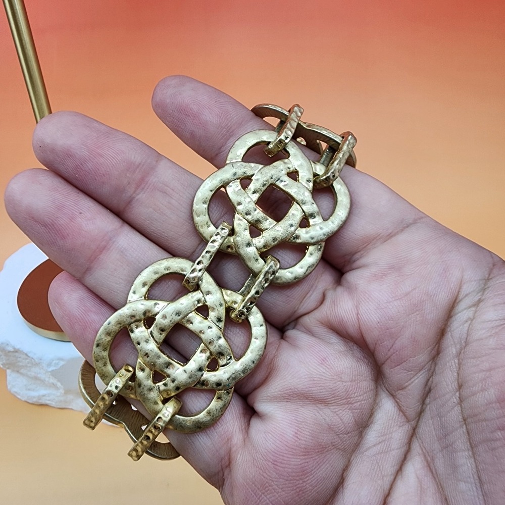 Gold Tone Celtic Knot Link Bracelet Textured Chunky Statement Ren Faire Vintage